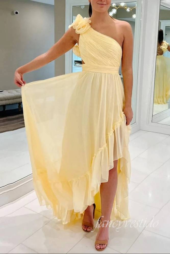 One Shoulder Floral Yellow Pleated Ruffle Tulip Dress
