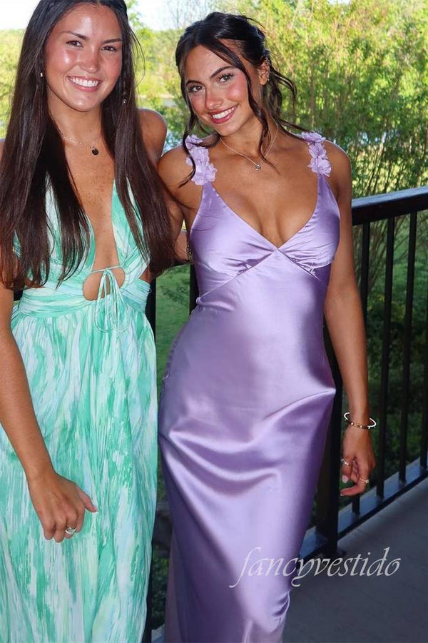 Lavender 3D Floral Straps Mermaid Maxi Dress