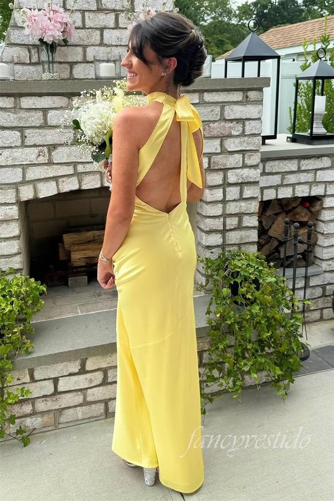 Yellow Halter Mermaid Long Maxi Dress with Open Back