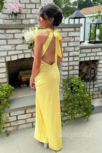 Yellow Halter Mermaid Long Maxi Dress with Open Back