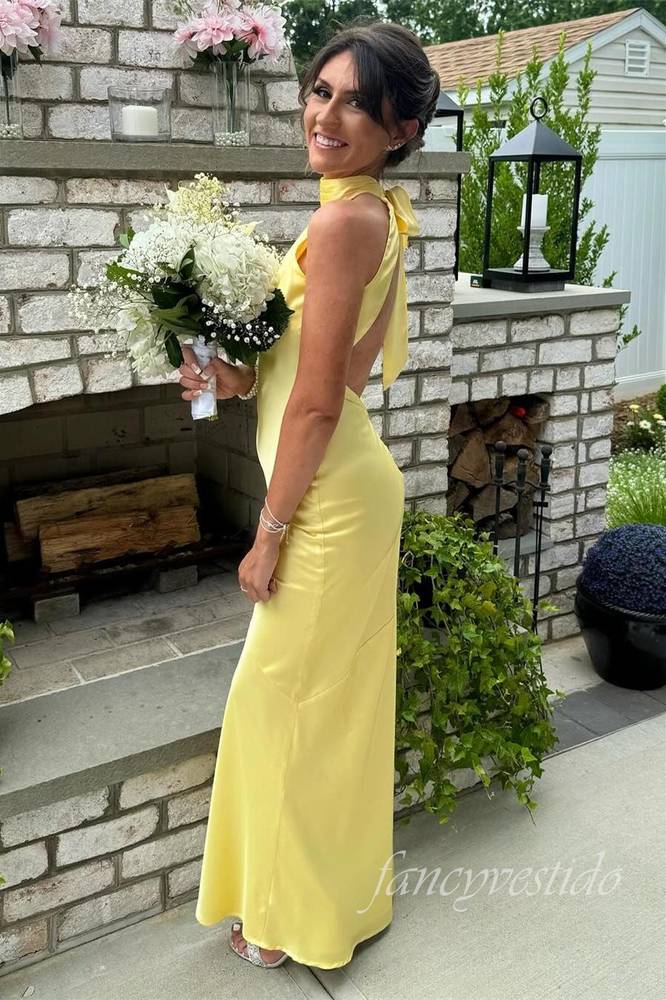 Yellow Halter Mermaid Long Maxi Dress with Open Back