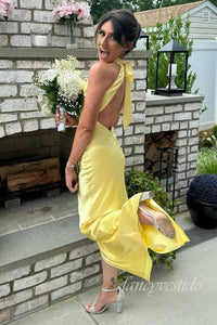 Yellow Halter Mermaid Long Maxi Dress with Open Back