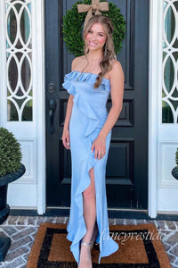 Strapless Blue  Ruffle Slit Mermaid Prom Dress