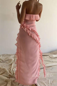 Sexy Pink Strapless Ruffle Mermaid Prom Dress with Slit