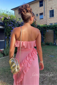 Sexy Pink Strapless Ruffle Mermaid Prom Dress with Slit