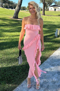 Sexy Pink Strapless Ruffle Mermaid Prom Dress with Slit