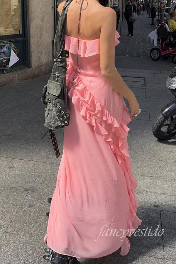 Sexy Pink Strapless Ruffle Mermaid Prom Dress with Slit