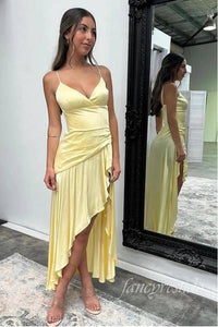 Sexy Yellow V-Neck Ruffle Prom Dress with High Slit