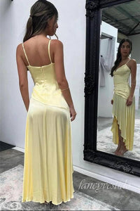 Sexy Yellow V-Neck Ruffle Prom Dress with High Slit