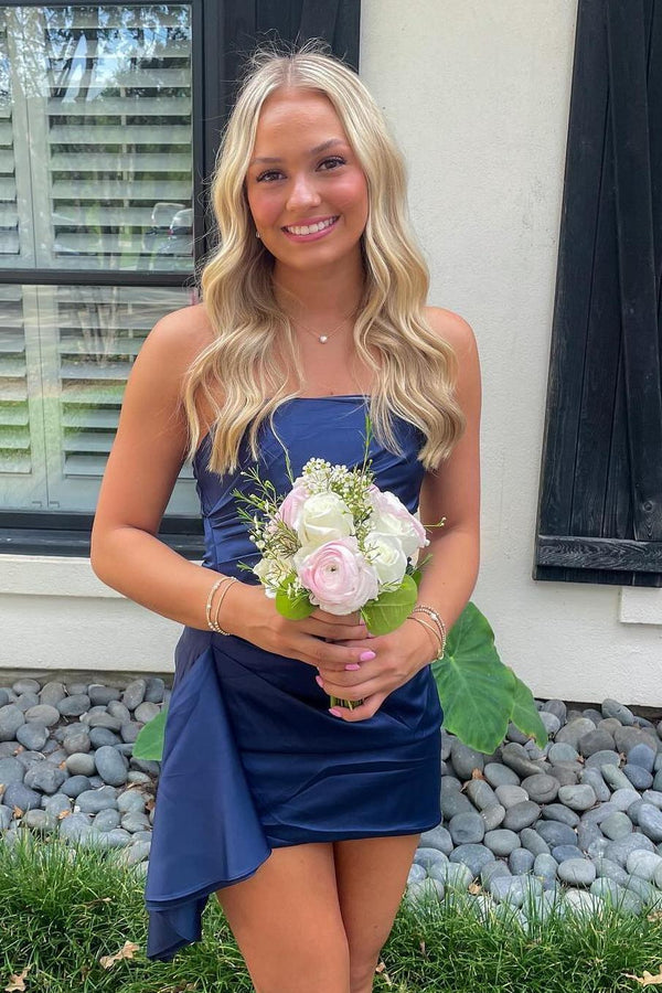 Elegant Strapless Blue Ruffle Bodycon Homecoming Dress