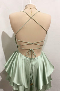 Straps Sage Ruffle A-Line Homecoming Dress with Lace-up