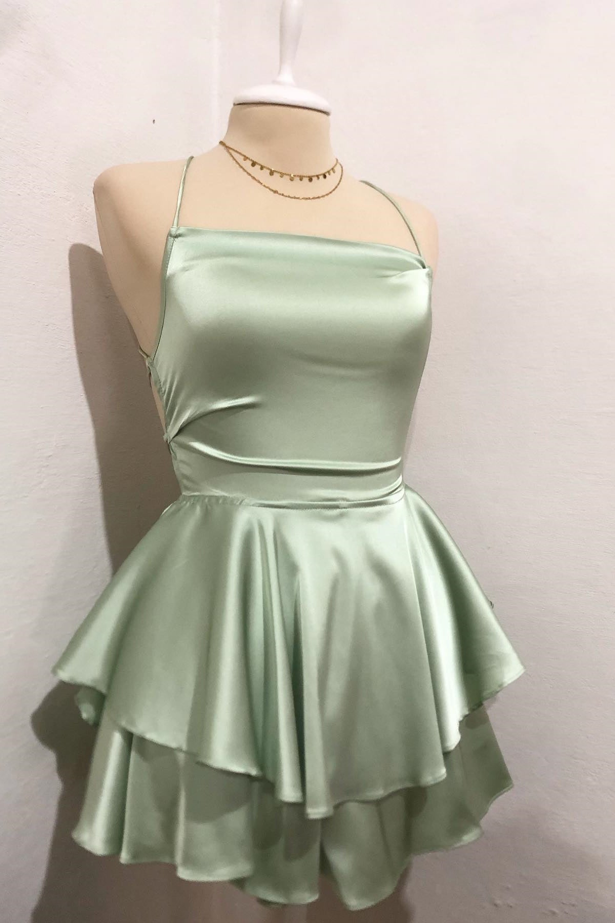Straps Sage Ruffle A-Line Homecoming Dress with Lace-up