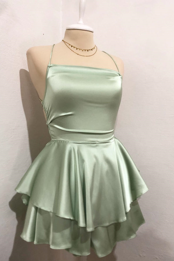 Straps Sage Ruffle A-Line Homecoming Dress with Lace-up