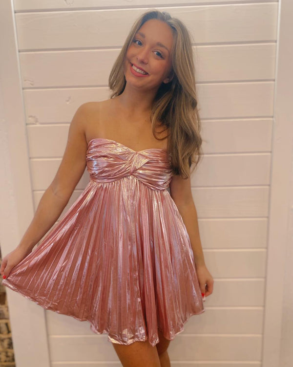Strapless Metallic Pleated A-line Short Homecoming Dress