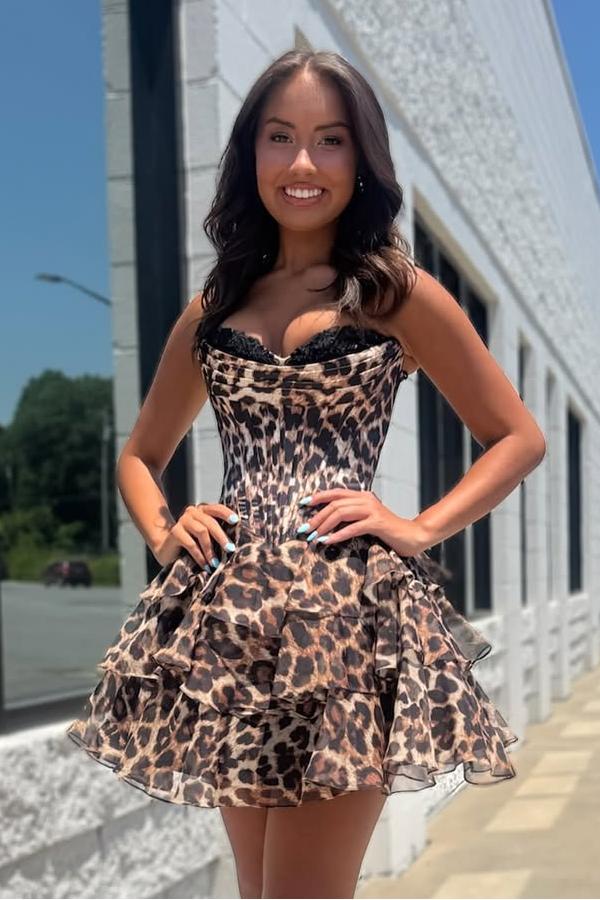Strapless Applique Cheetah Ruffle Homecoming Dress