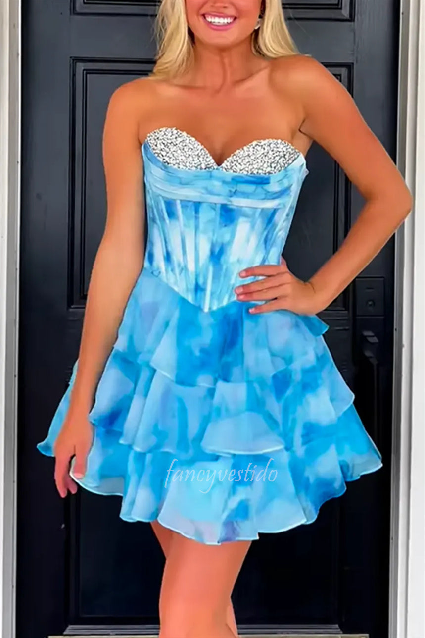 Sweetheart Sequin Floral Print Ruffle Homecoming Dress