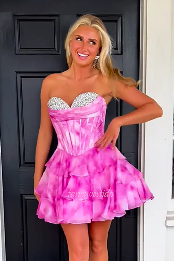 Sweetheart Sequin Floral Print Ruffle Homecoming Dress