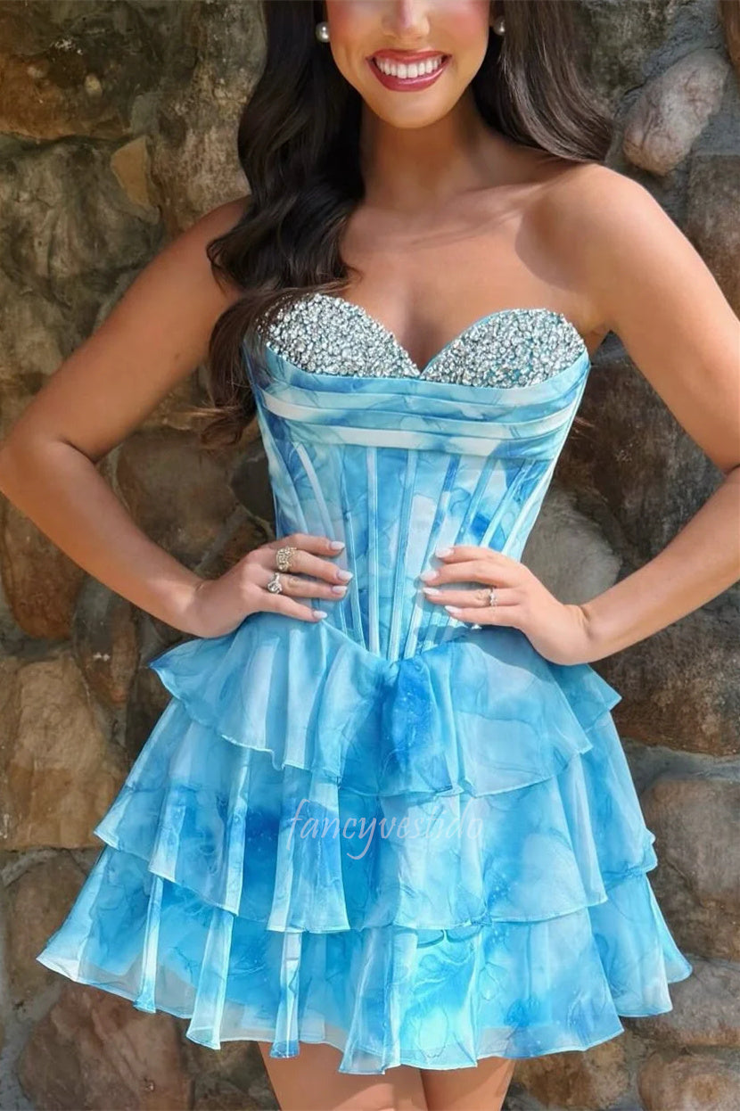 Sweetheart Sequin Floral Print Ruffle Homecoming Dress