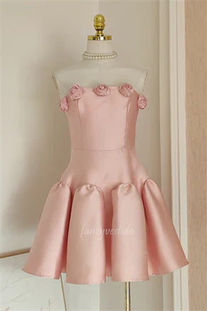 Pink A-Line Homecoming Dress with 3D Floral FancyVestido Pink A-Line Homecoming Dress with 3D Floral FancyVestido