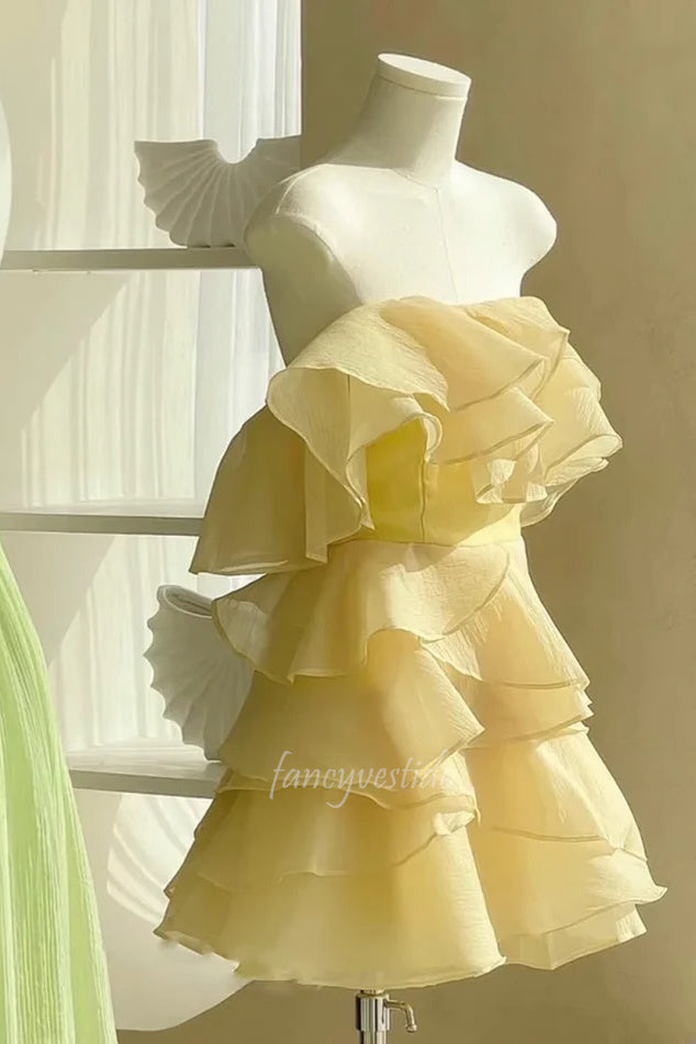 Strapless Yellow Chiffon Ruffle Homecoming Dress