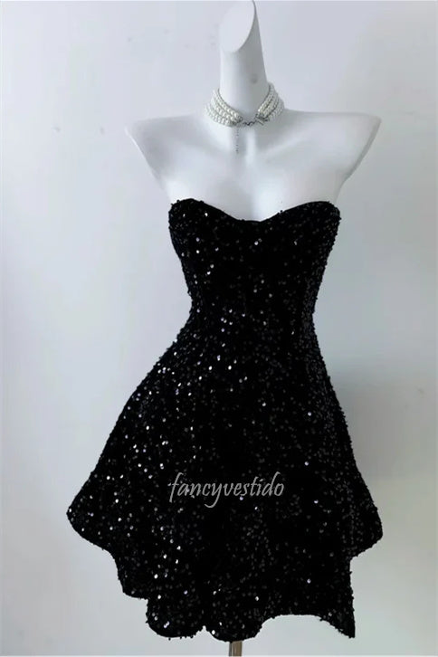 Glitter Black Sweetheart Sequin A-Line Homecoming Dress