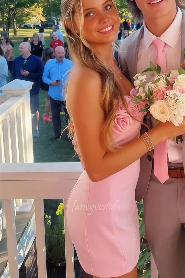 pink strapless hoco dress Strapless 3D Floral Sheath Homecoming Dress – FancyVestido