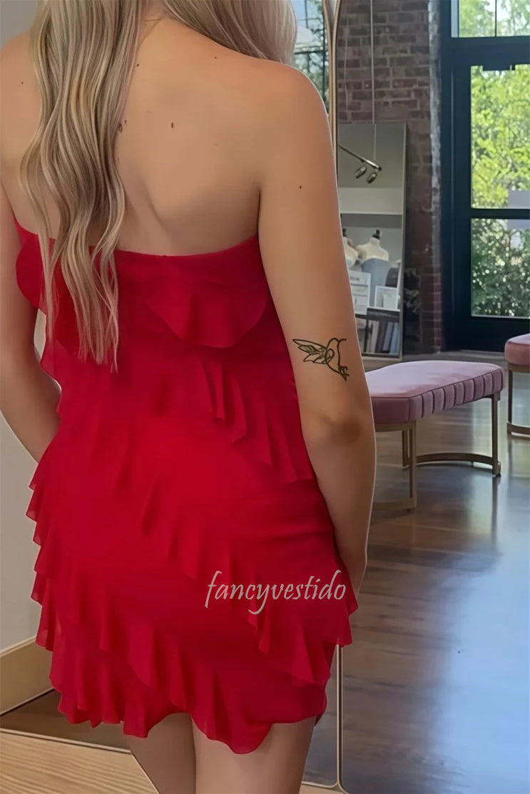 Strapless Red Layered Short Chiffon Dress