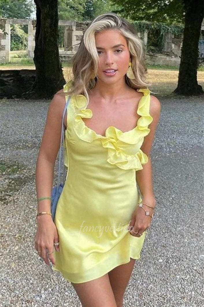 Ruffle Straps Tight Backless Homecoming Dress
