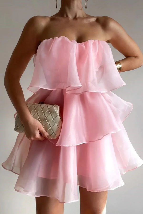 Strapless Yellow Chiffon Ruffle Homecoming Dress