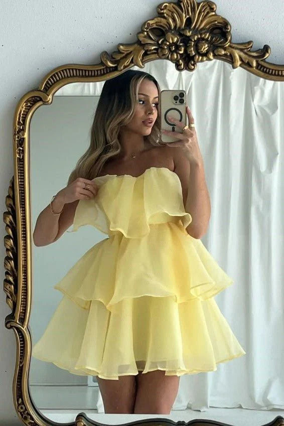 Strapless Yellow Chiffon Ruffle Homecoming Dress