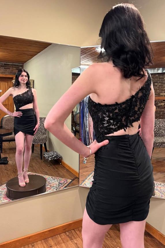 One Shoulder Lace Applique Tight Homecoming Dress