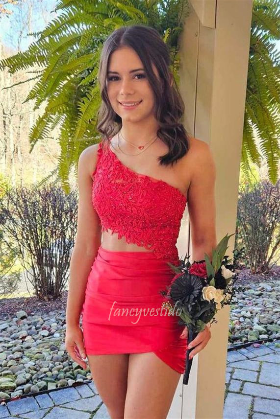 One Shoulder Lace Applique Tight Homecoming Dress