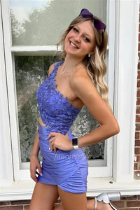 One Shoulder Lace Applique Tight Homecoming Dress