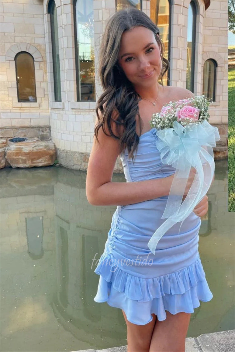 Blue Strapless Pleated Bodycon Homecoming Dress