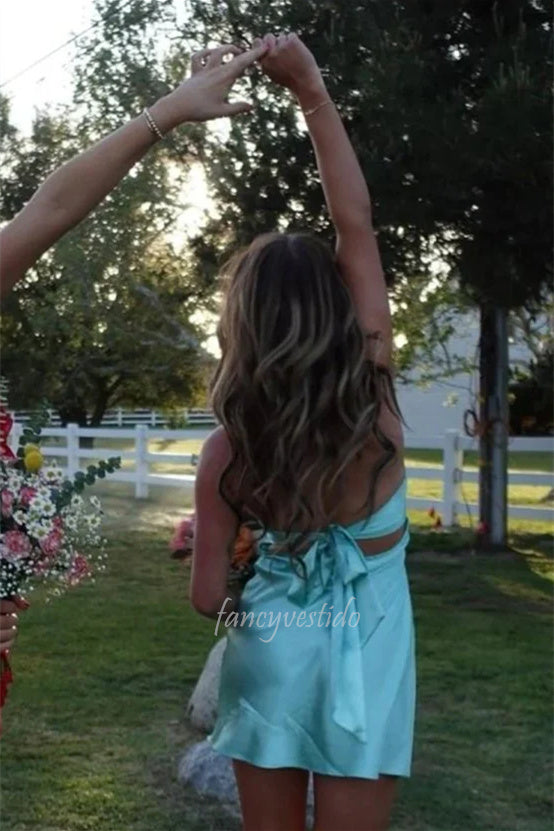 Sweetheart Aqua Short Dress with Bow Back