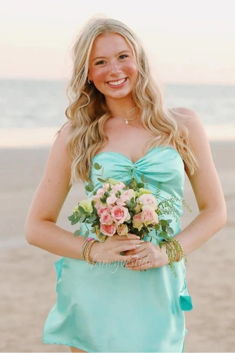 Sweetheart Aqua Short Dress with Bow Back