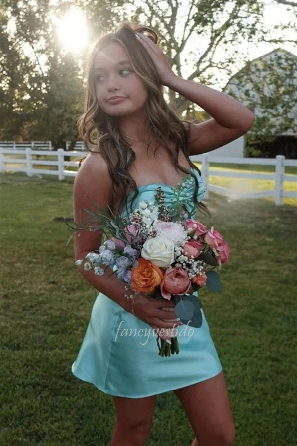 Sweetheart Aqua Short Dress with Bow Back