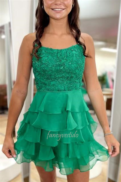 Applique Beaded Ruffle Homecoming Dress with Lace-up