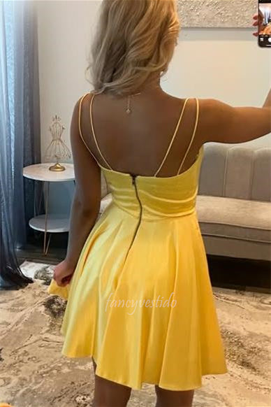 Double Straps V-Neck Yellow A-Line Satin Dress