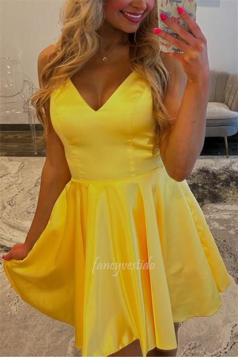 Double Straps V-Neck Yellow A-Line Satin Dress
