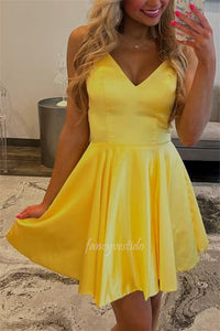 Double Straps V-Neck Yellow A-Line Satin Dress