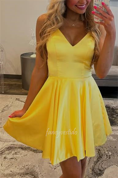 Cute Homecoming Cheap Homecoming Dress Stores Double Straps V-Neck Yellow A-Line Satin Dress As Cute Homecoming Cheap Homecoming Dress Stores Double Straps V-Neck Yellow A-Line Satin Dress As