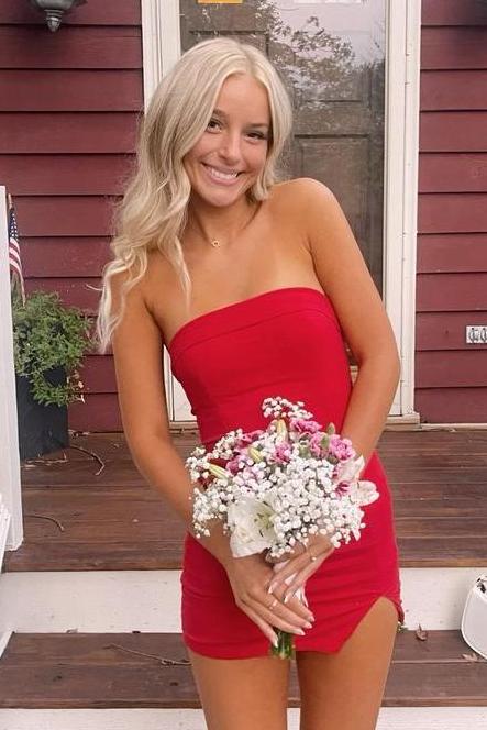 Strapless Tight Short Party Homecoming Dress with Slit