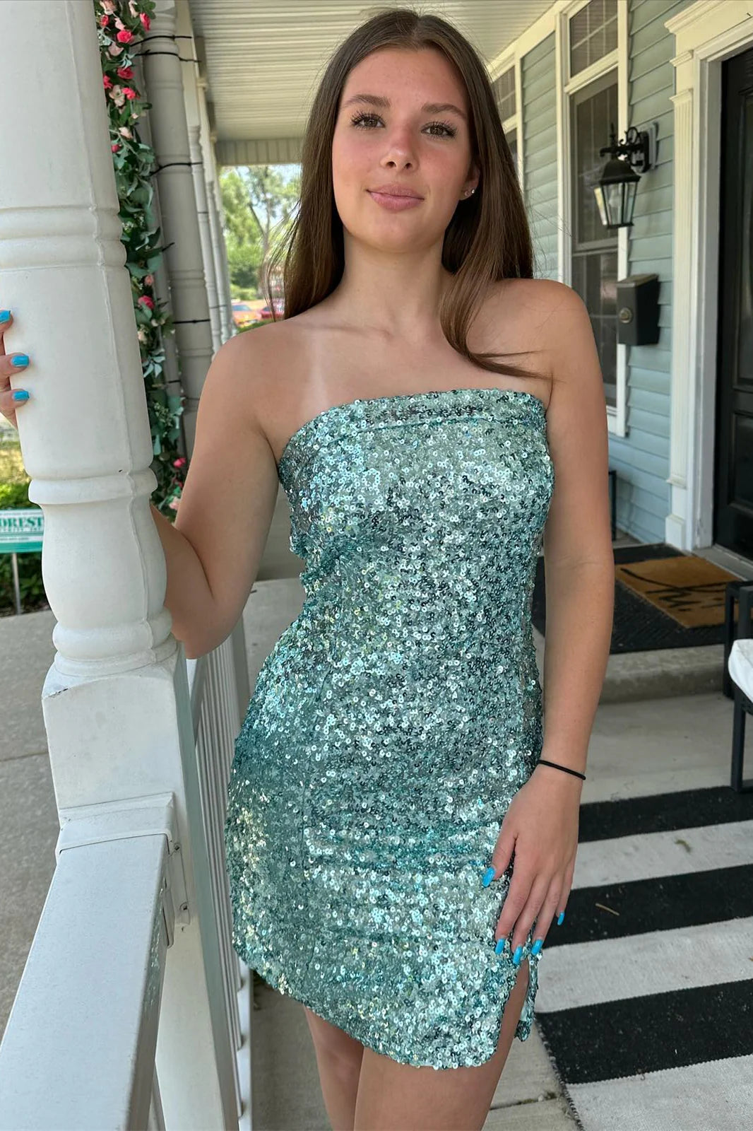 Strapless Sequin Party Homecoming Dress with Slit