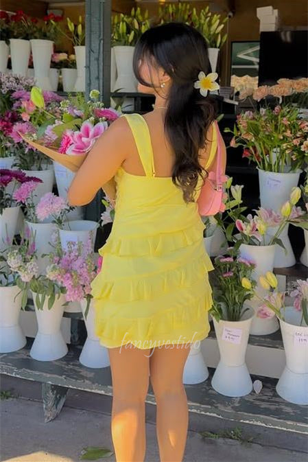 Yellow Straps Layered Short Party Homecoming Dress