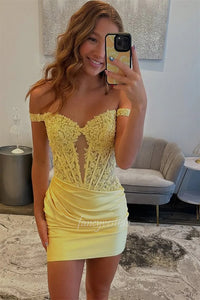 Off Shoulder Applique Pleated Homecoming Dress