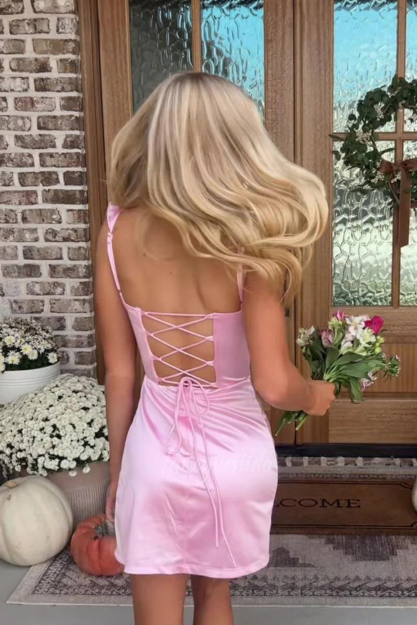 Ruffle Straps Pink Satin Party Homecoming Dress with Slit