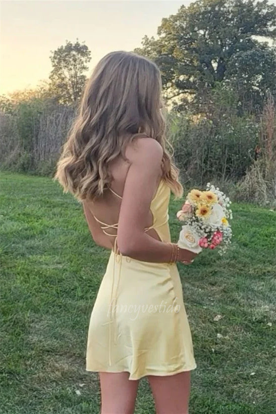 Spaghetti Straps Yellow Short Party Homecoming Dress