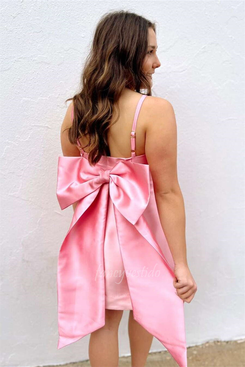 Halter Pink Party Homecoming Dress with Bow Back