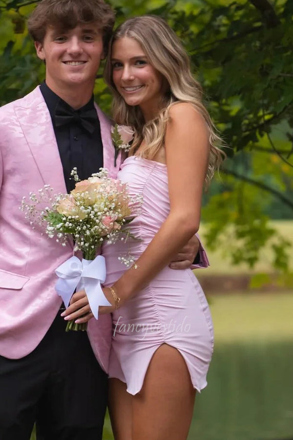 Strapless Pink Ruched Mini Party Dress